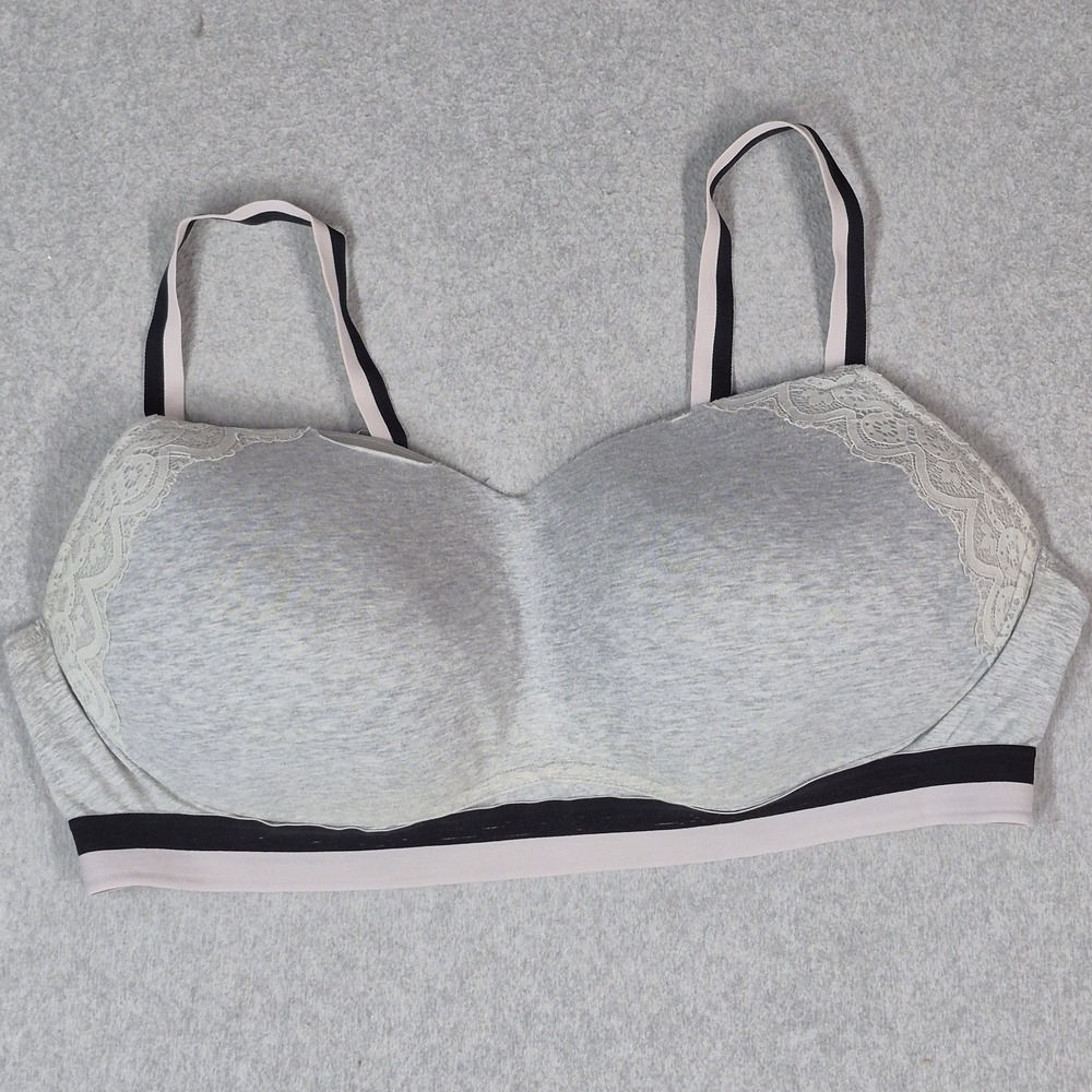 Cacique Women Bra 46DD Gray Cotton Lounge Bralette Wireless Lace Jersey READ